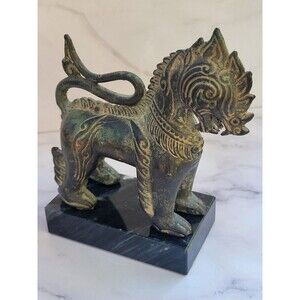 Asian Thai Singha Lion Figure Temple Guardian Cast Bronze With Marble Stand